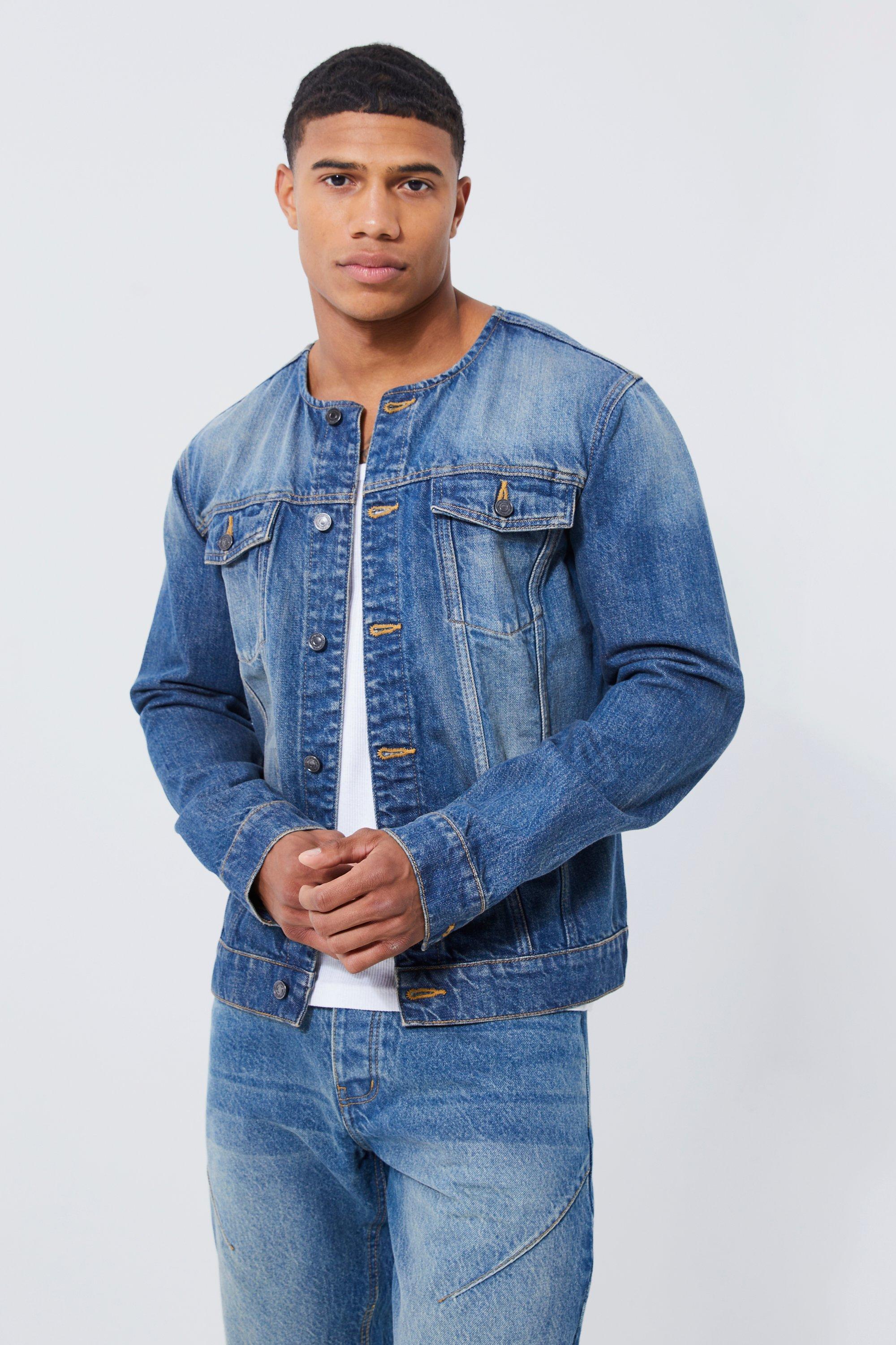Collarless denim deals vest
